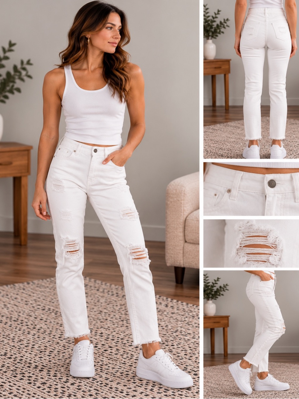 High-Rise White Distressed Women's Jeans